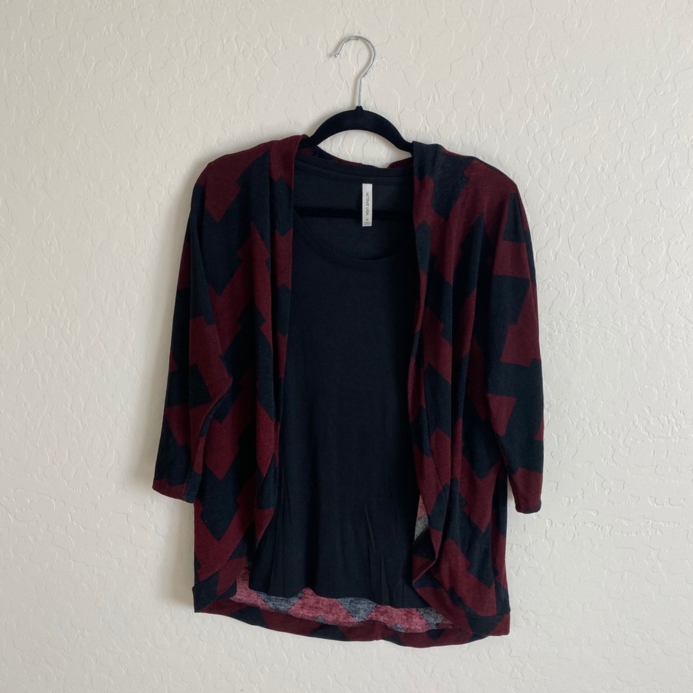 maroon and black cardigan